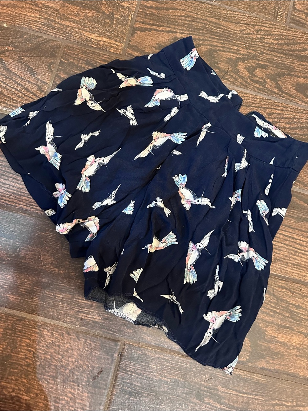 Zara Navy Bird-Print Pleated Dress Shorts